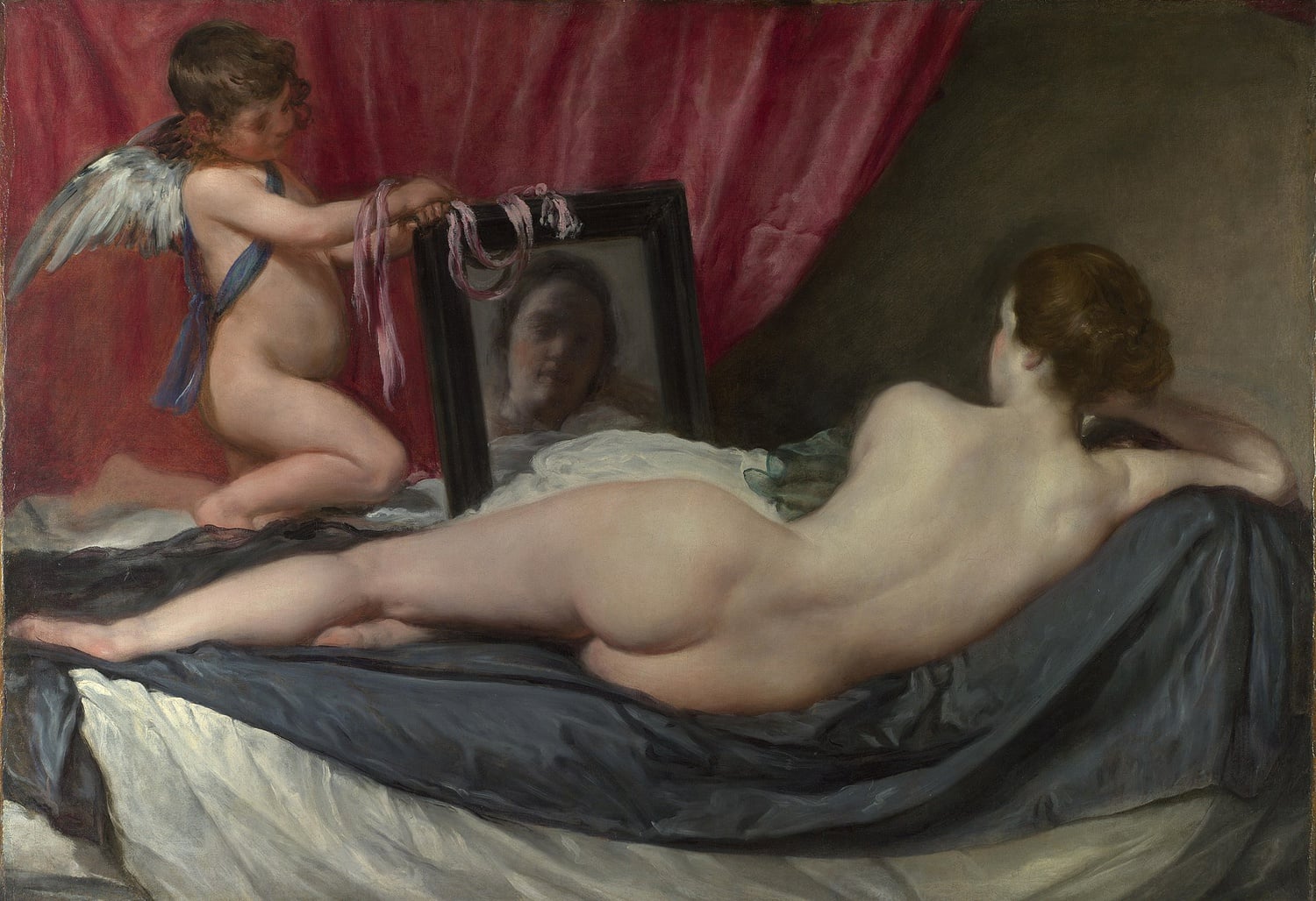 "The Rokeby Venus" is a painting by Diego Velázquez and depicts the Venus, goddess of love and beauty, with her son Cupid.