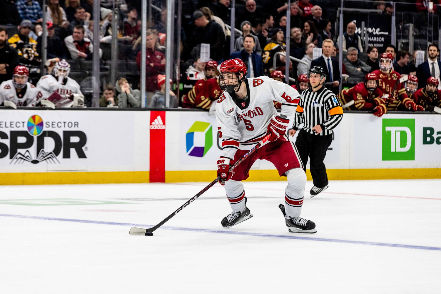 Then-first-year defenseman Mason Langenbrunner looks for a shooting lane against Boston College in the 2023 Beanpot Semifinals on February 6.