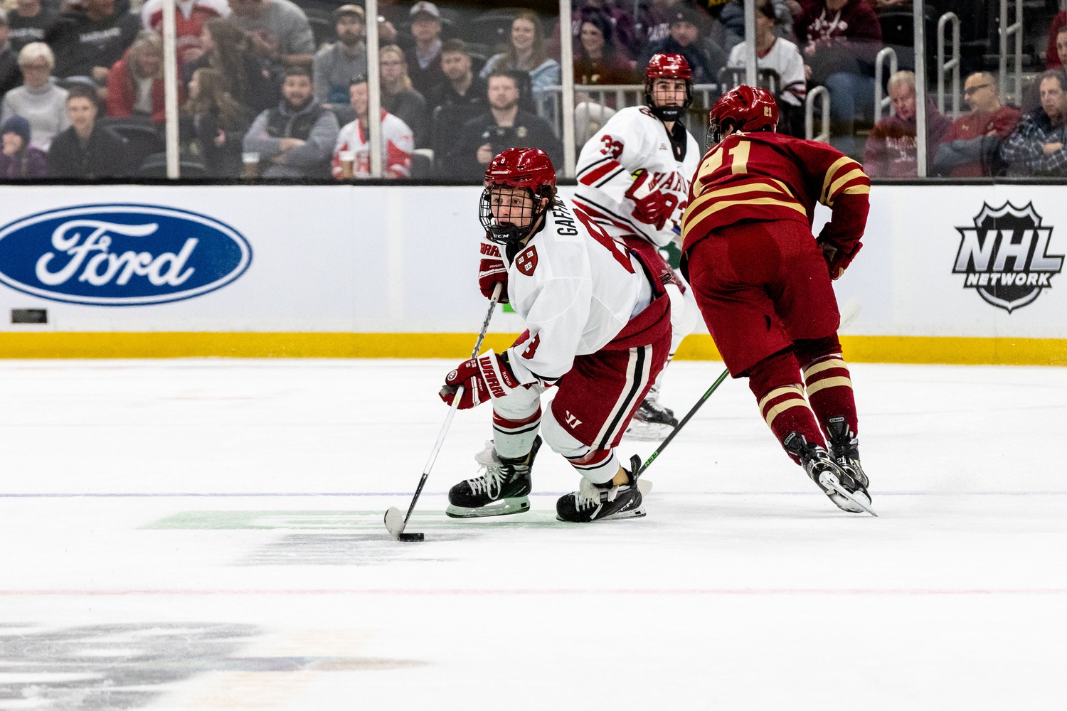 Then-sophomore forward Alex Gaffney makes a quick turn with the puck against Boston College in the 2023 Beanpot Semifinals on February 6.