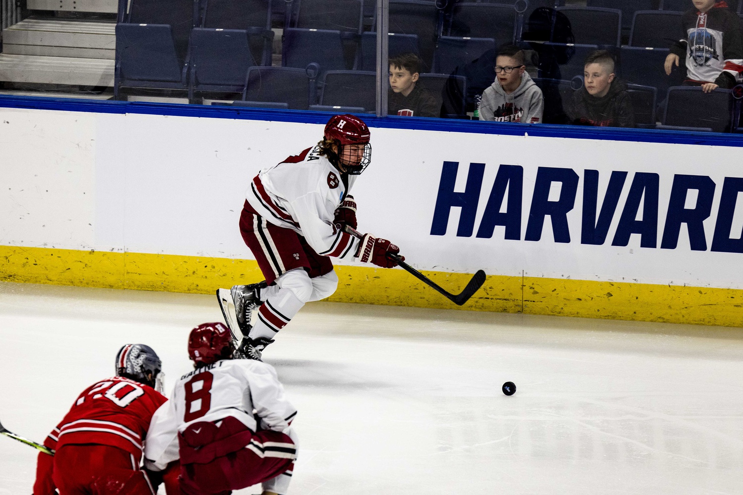 Then-first-year forward Philip Tresca skates up the wing with the puck against Ohio State in the NCAA First Round on March 24, as then-sophomore forward Alex Gaffney looks on.