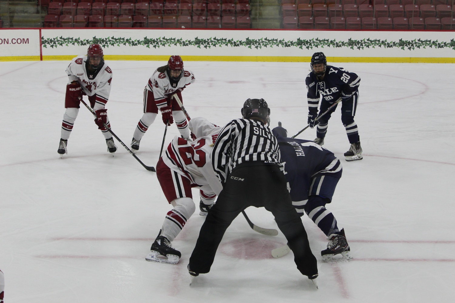 Harvard and Yale get set for a faceoff at Bright-Landry Hockey Center on October 28, 2022.