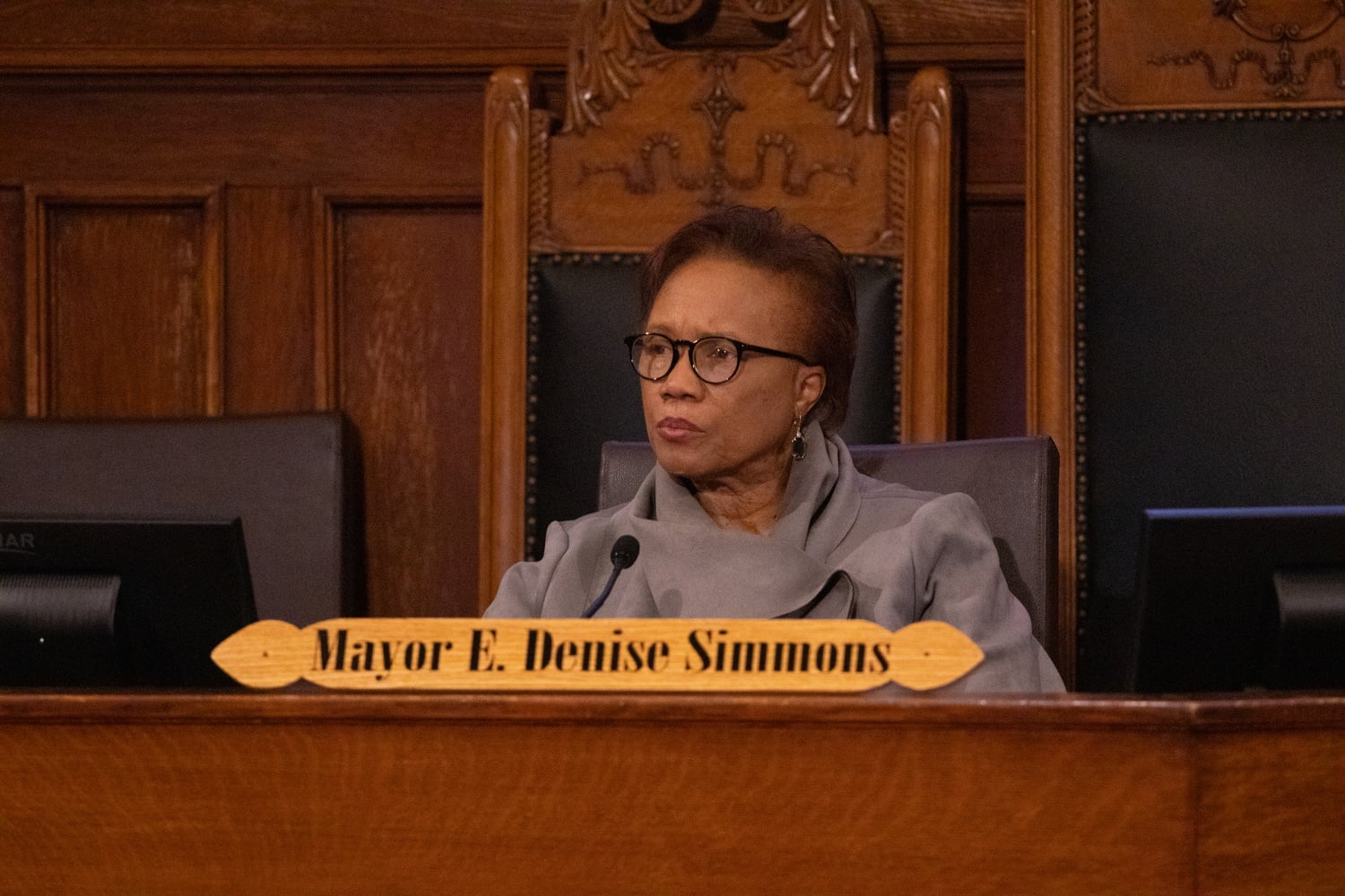 Cambridge City Mayor E. Denise Simmons sits during a city council meeting. She is serving her third term.