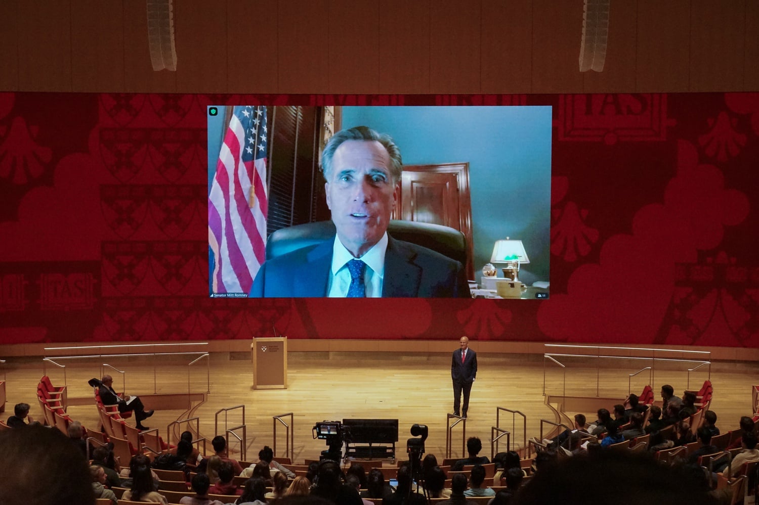 Senator Mitt Romney speaks virtually on Monday at Klarman Hall as part of Harvard Dialogues event.