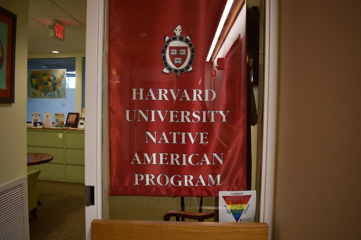 The Harvard University Native American Program's office sits on the 4th floor of a building wedged between Mt. Auburn and Brattle Streets.
