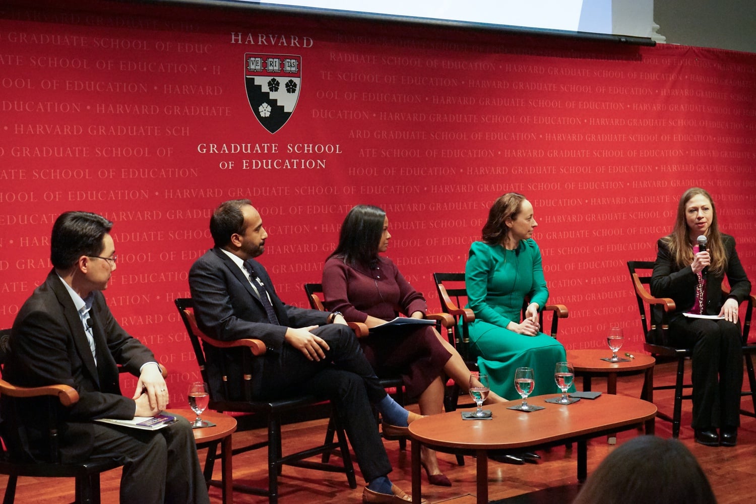 Former First Daughter Chelsea V. Clinton moderated a discussion on the effects of climate change on childhood development at a Harvard Graduate School of Education forum Wednesday.
