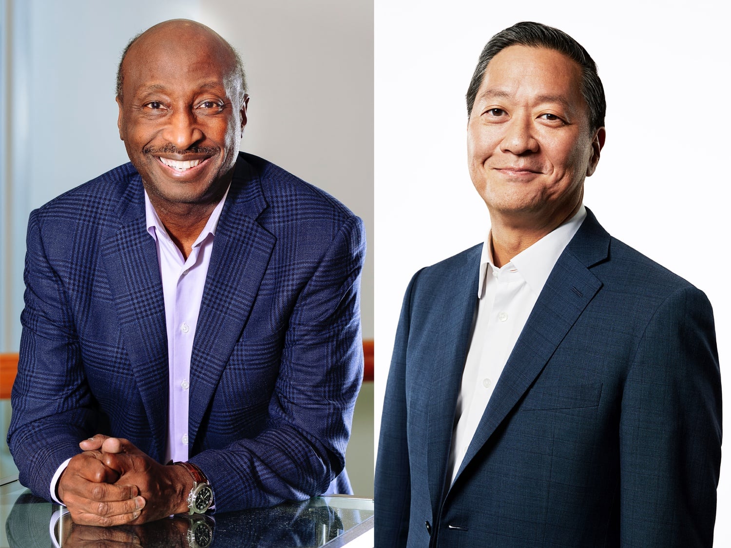 Longtime pharmaceutical executive Kenneth C. Frazier, left, and private equity billionaire Joseph Y. Bae '94 will join the Harvard Corporation.