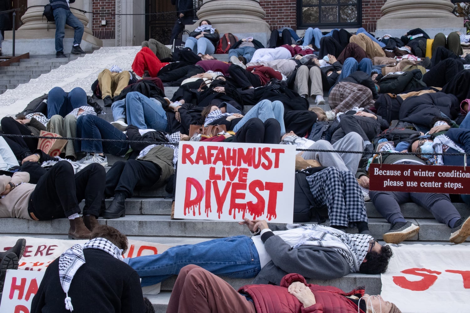 Last Monday, student protestors staged a die-in at Widener Library, demanding that Harvard disclose and divest its financial ties to "companies complicit in human rights abuses towards Palestinians."