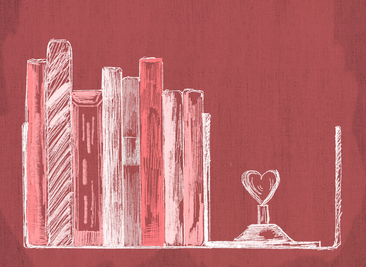 Books on a shelf for Valentine's Day.
