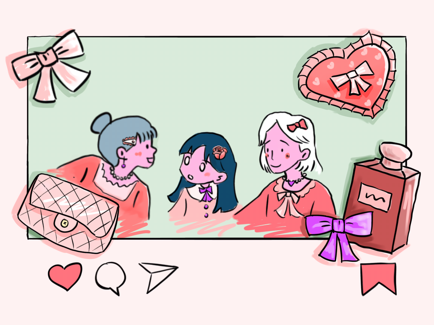 Girls gather on social media engaging in trends surrounded by bows and other cute paraphernalia.