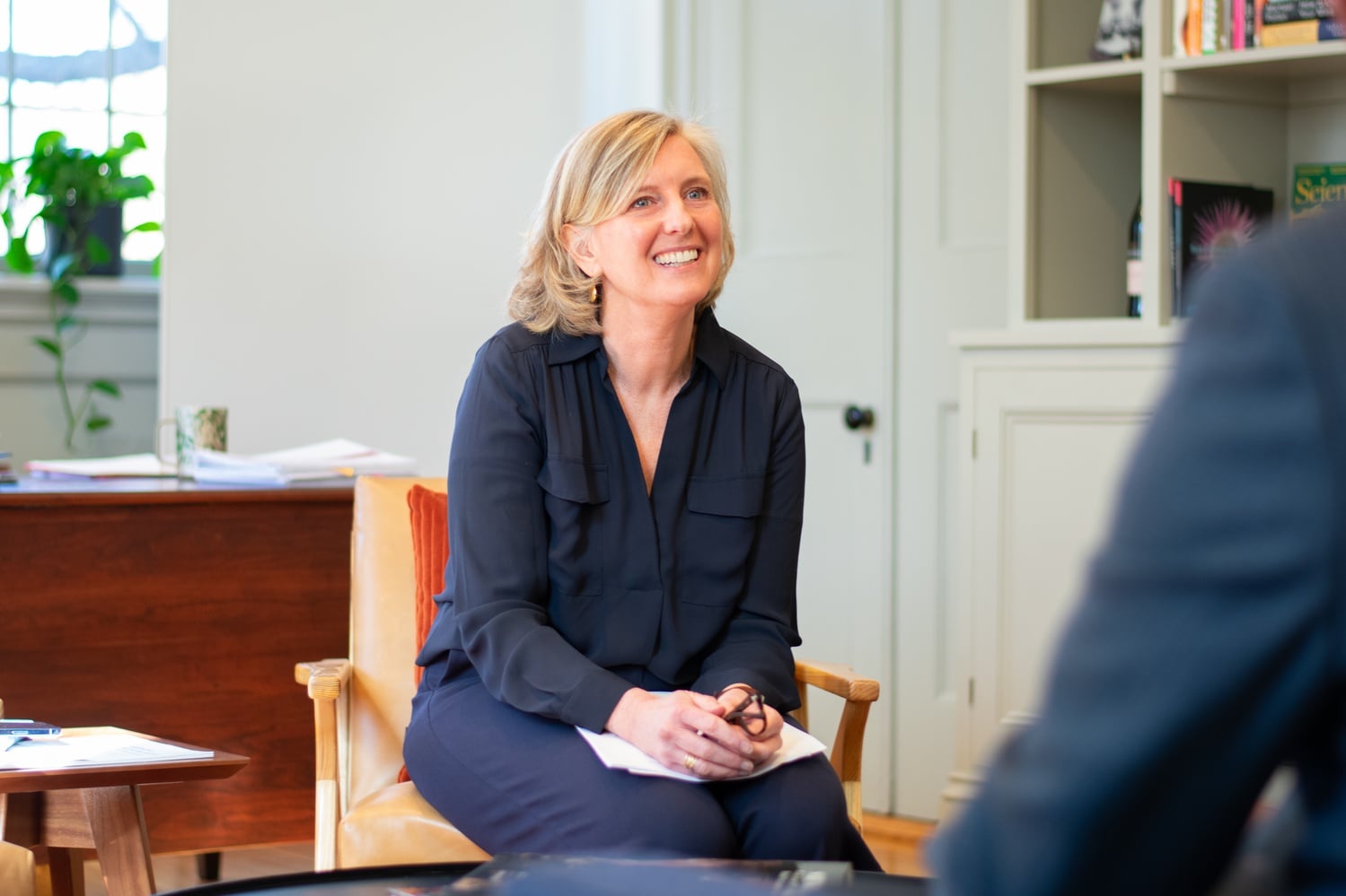 Faculty of Arts and Sciences Dean Hopi Hoekstra, pictured above in a Wednesday interview with The Crimson, assumed office in August 2023. During the interview, Hoekstra denied charges from student organizers that Harvard was looking to repress pro-Palestine protest.