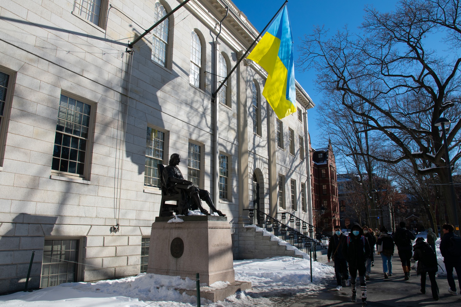 Harvard put up a Ukrainian flag on University Hall on March 1, 2022 to show its support for Ukraine. The flag remained flying for several weeks.