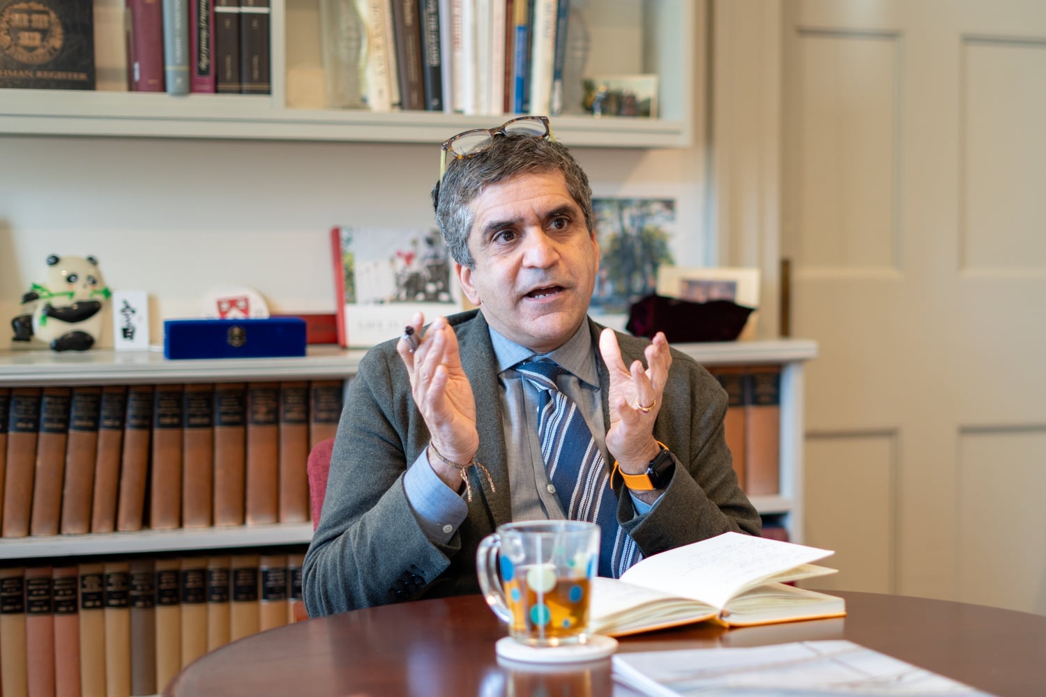 Dean Rakesh Khurana speaks to the Crimson in an interview in February. Khurana defended the suspension of the Palestine Solidarity Committee in a Tuesday interview.