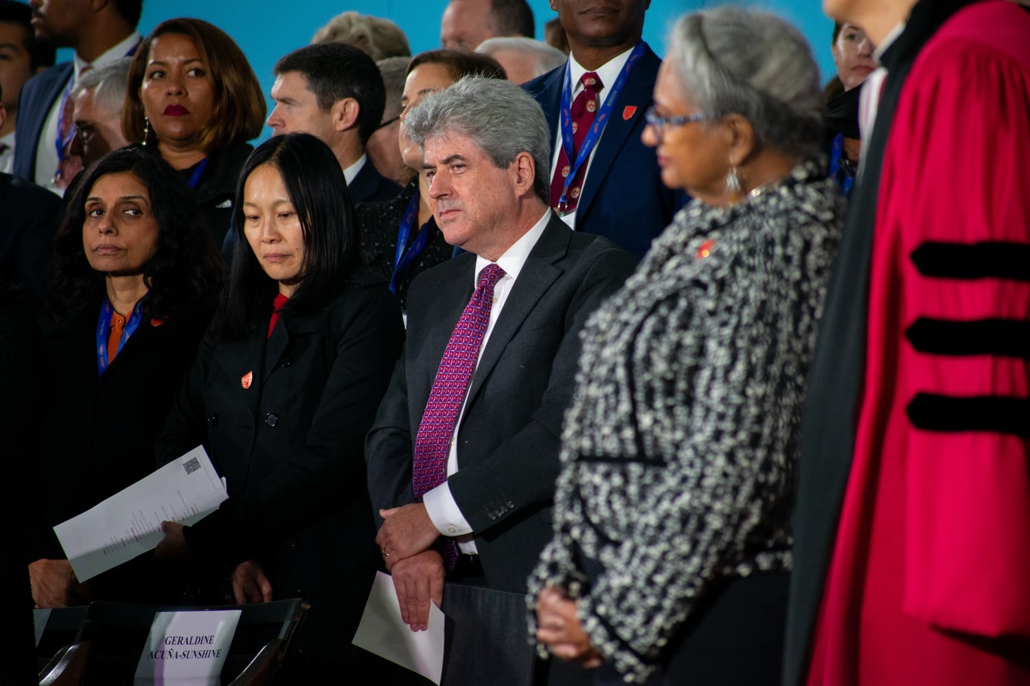 Goodheart is pictured at Claudine Gay's inauguration in September. Goodheart has laboriously avoided the spotlight, despite his central role in crafting institutional messaging.