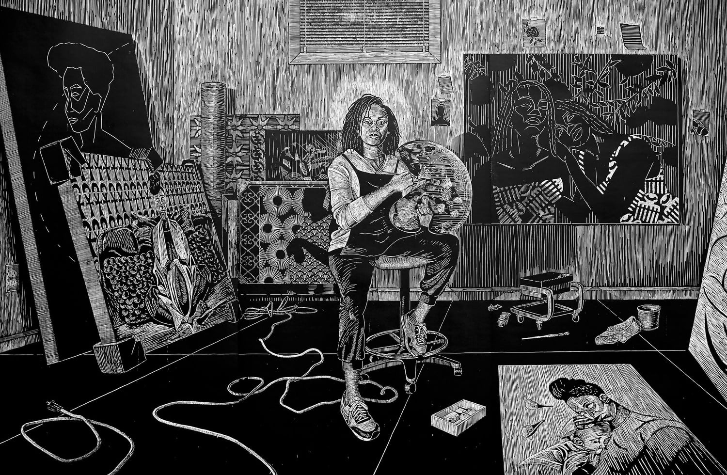 LaToya M. Hobbs, “Scene 5: The Studio,” from “Carving Out Time,” 2020–21. Woodcut on cotton paper. Harvard Art Museums/Fogg Museum, Margaret Fisher Fund, 2022.224.5.