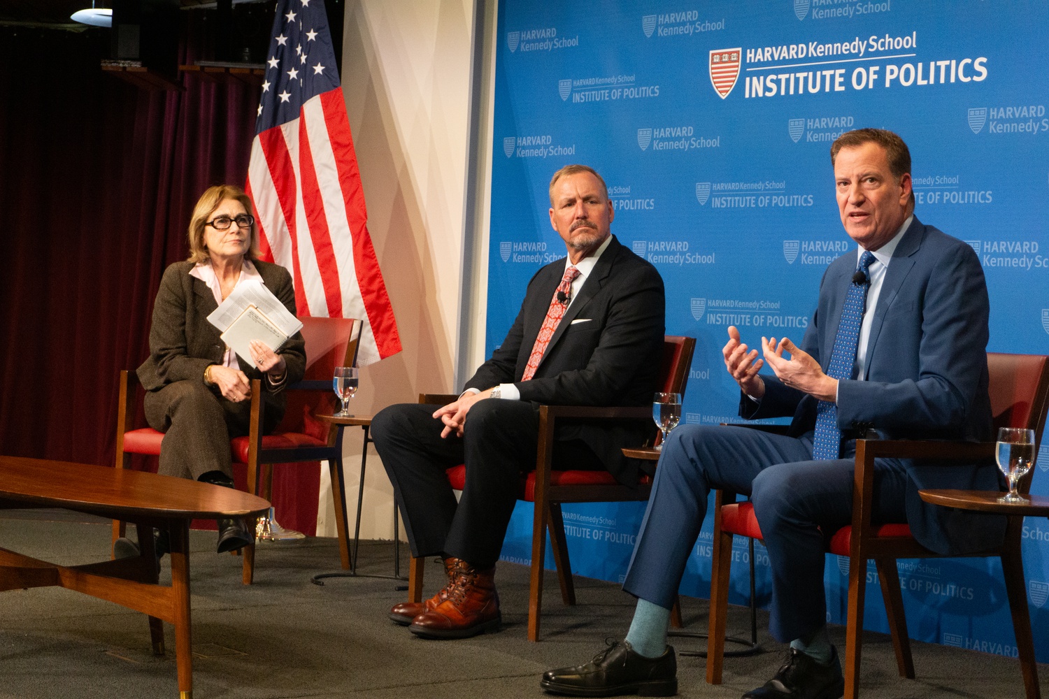 The Harvard Kennedy School Institute of Politics hosts former New York City Mayor Bill de Blasio and former Congressman Jeff Denham in a discussion on the migrant crisis on Tuesday evening. They warned against the politicization of the debate surrounding border security.