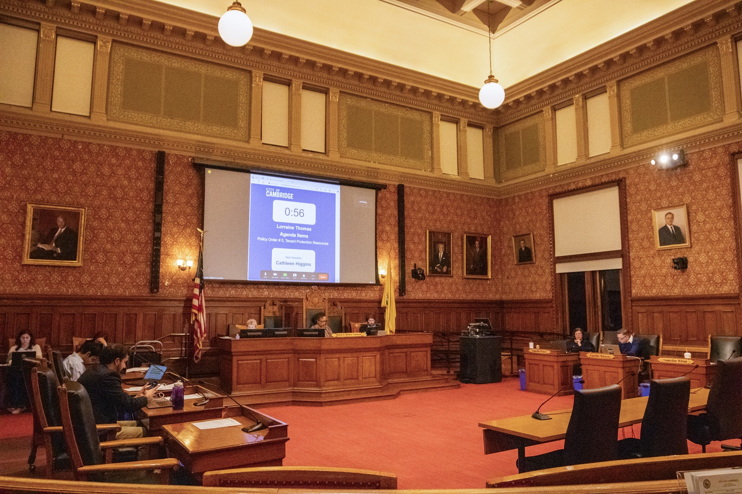 The Cambridge City Council meets in March. The Council voted on Monday to ask City Manager Yi-An Huang '05 to push for stronger truck safety legislation.