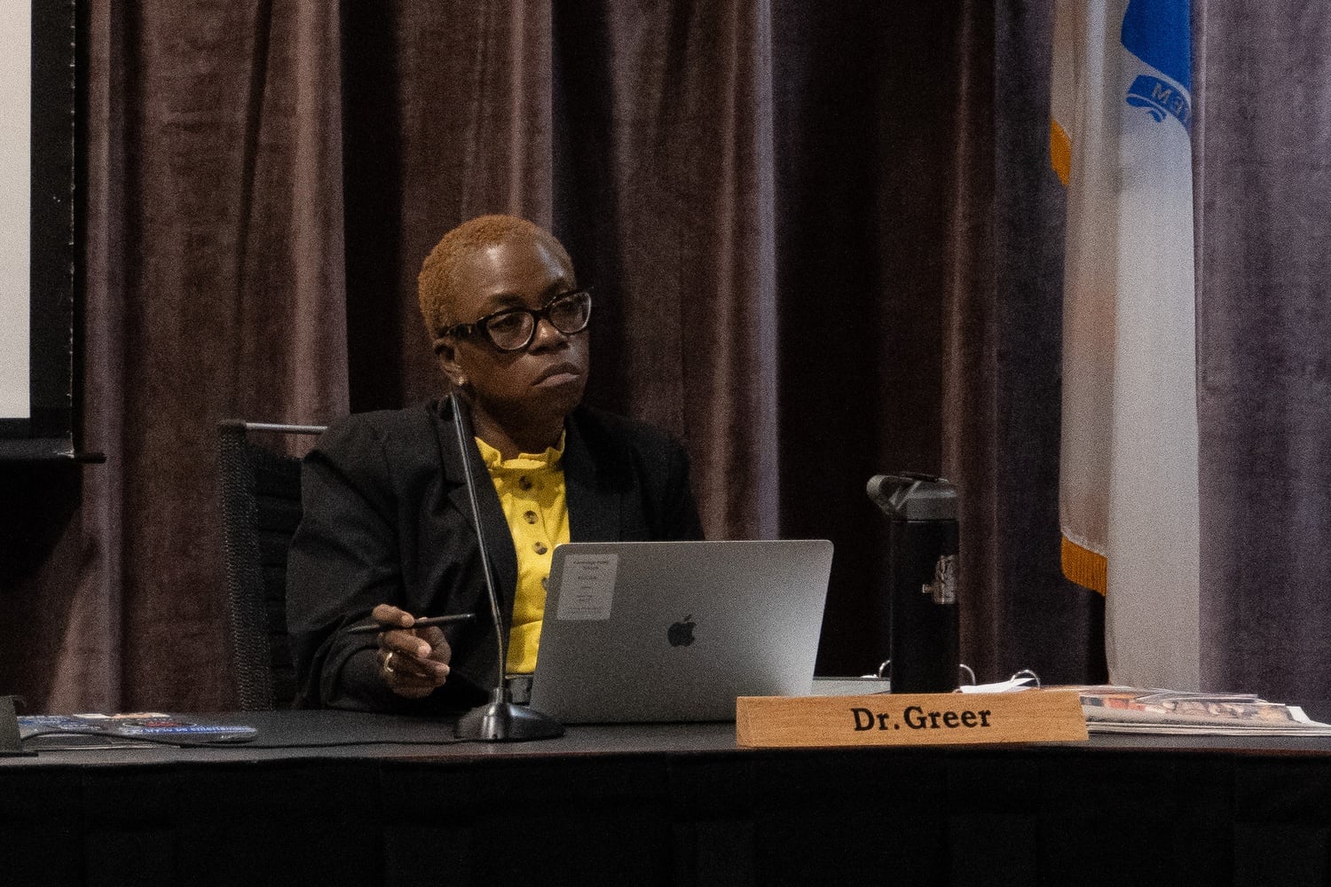 Cambridge Superintendent Victoria Greer sits at a School Committee meeting this month.
