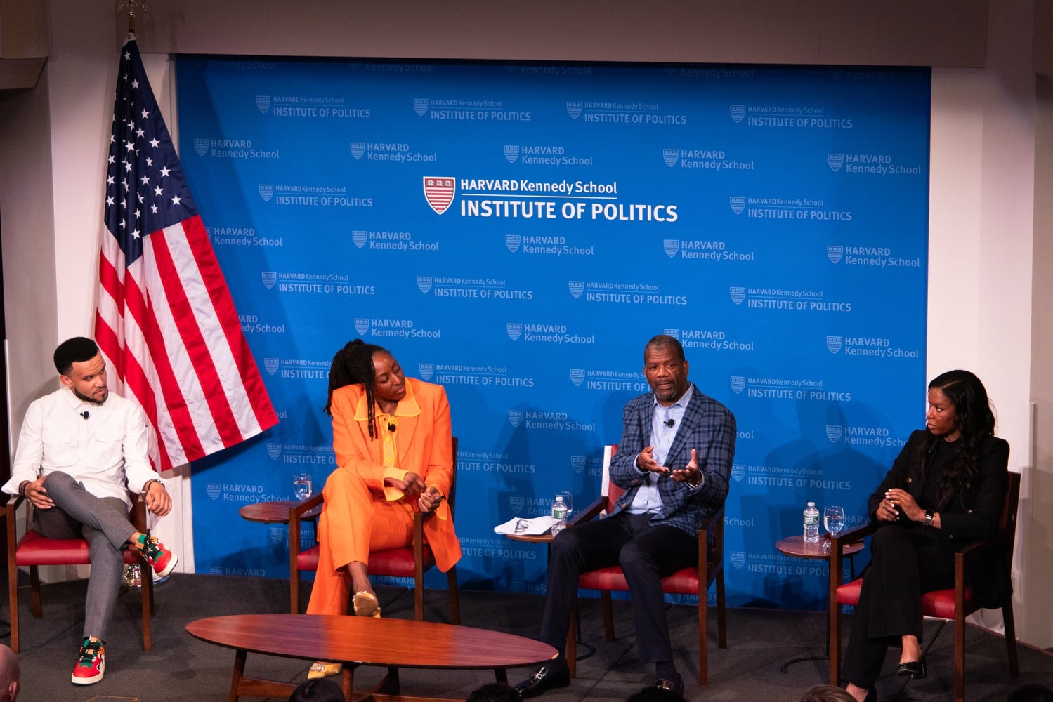 From left to right, Ken Miles, Nneka Ogwumike, Rob Parker, and Amber Goodwin, participate in a Tuesday IOP Forum discussion on sports and racial equality in the U.S.