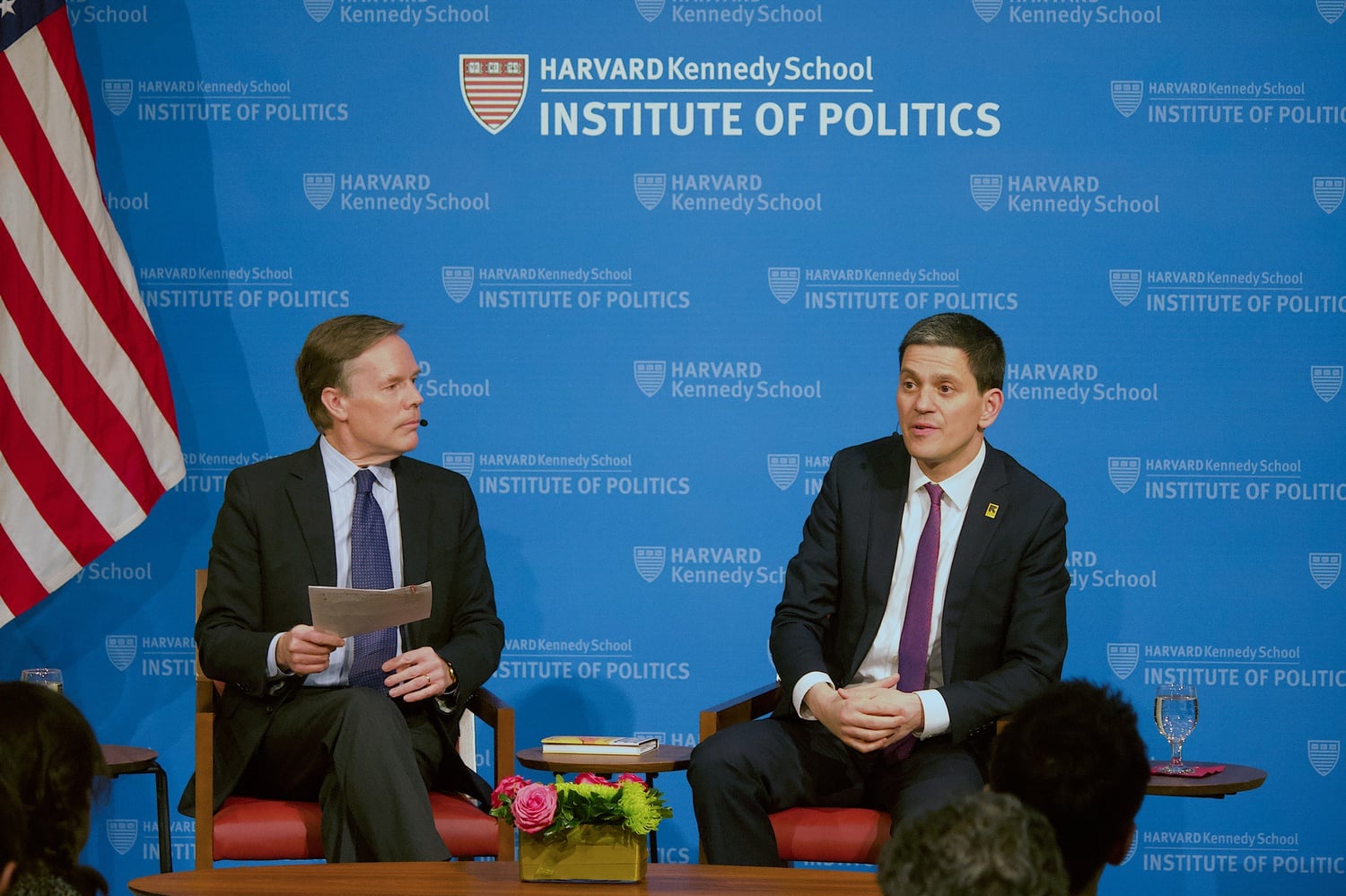 Nicholas Burns, left, moderates an IOP Forum with David Miliband in 2018. Burns will deliver the Harvard Kennedy School's 2024 graduation addresss.