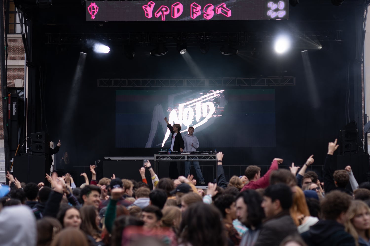 Swedish musical production duo NOTD perform to a crowd of students in Tercentenary Theatre.