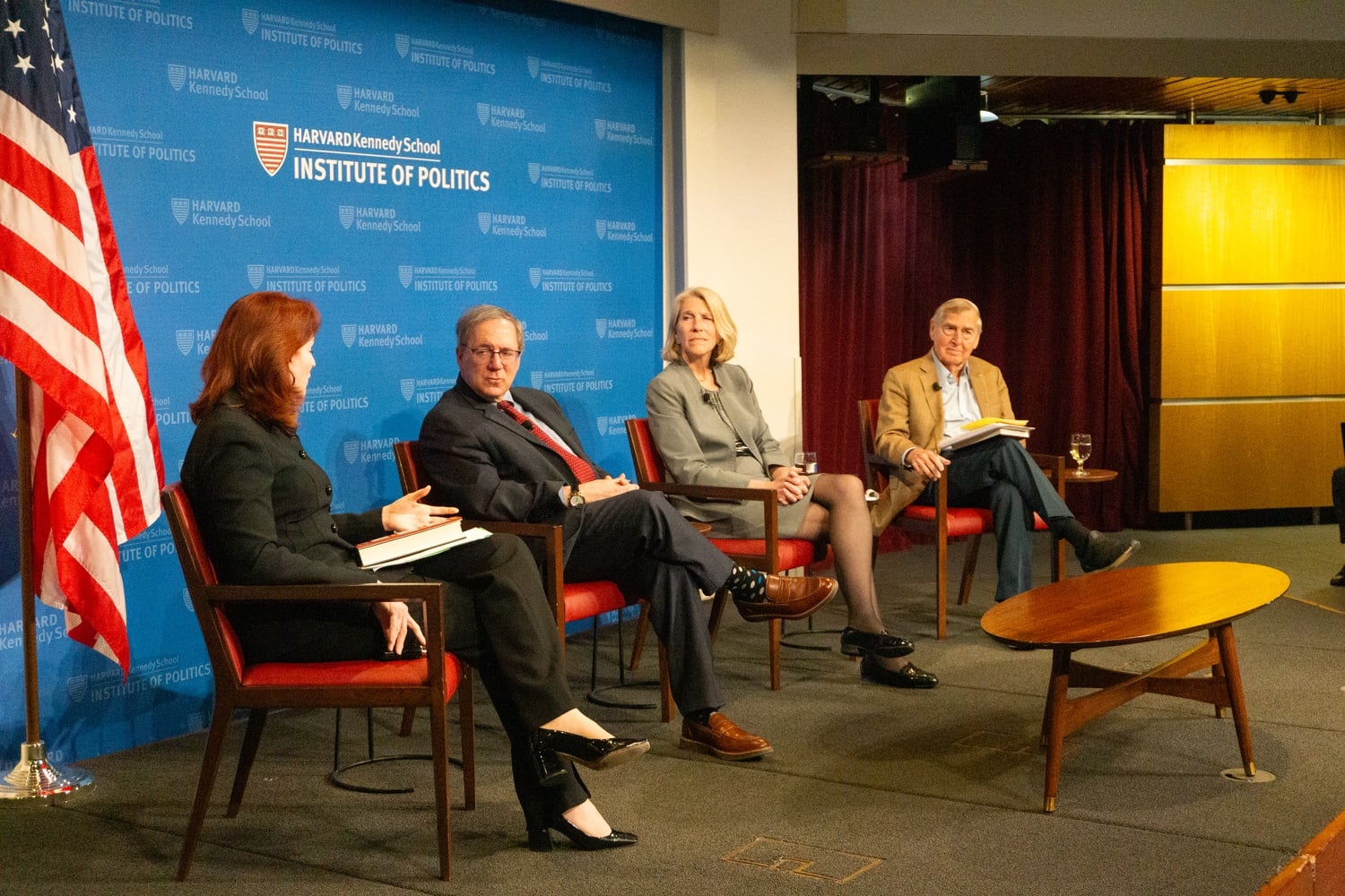 From left, Belfer Center Director Meghan O'Sullivan, New York Times journalist David E. Sanger '82, Belfer Center fellow Karen Donfried, and Harvard Kennedy School Dean Graham Allison '62 speak at an Institute of Politics forum Tuesday. Sanger spoke about "new cold wars" with Russia and China at the event.