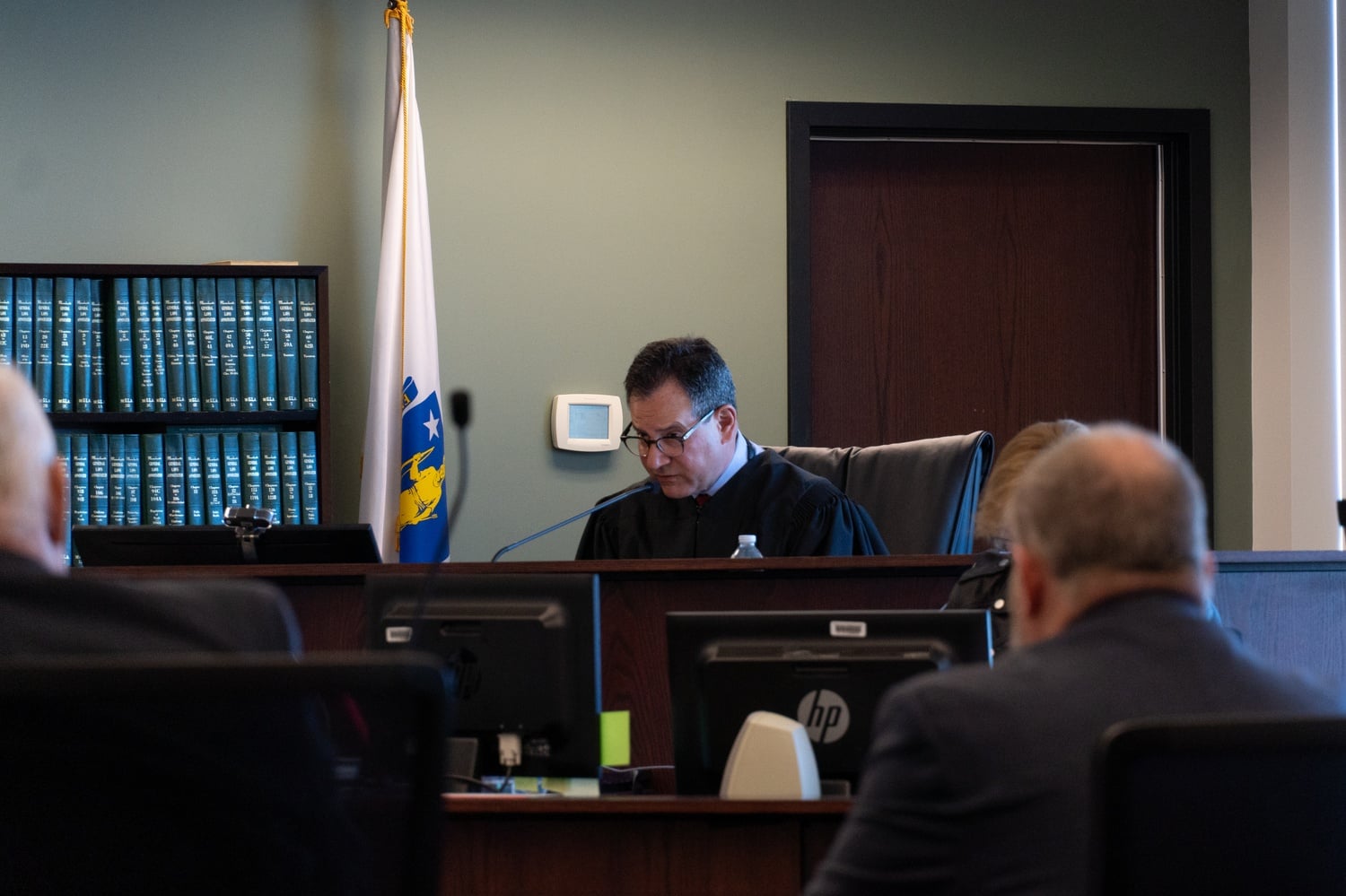 Superior Court Judge John P. Pappas presides over the first day of a wrongful death trial against a Harvard Counseling and Mental Health Service employee.