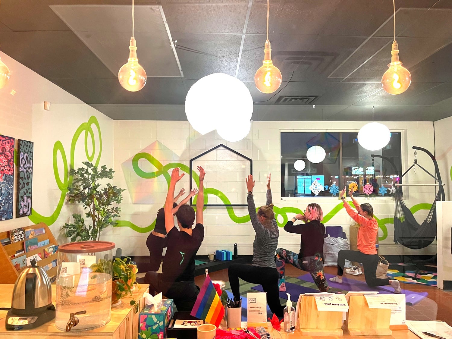 The pop-up in Union Square is charming, the walls filled with swirling green lines and adorned with the work of a local artist.