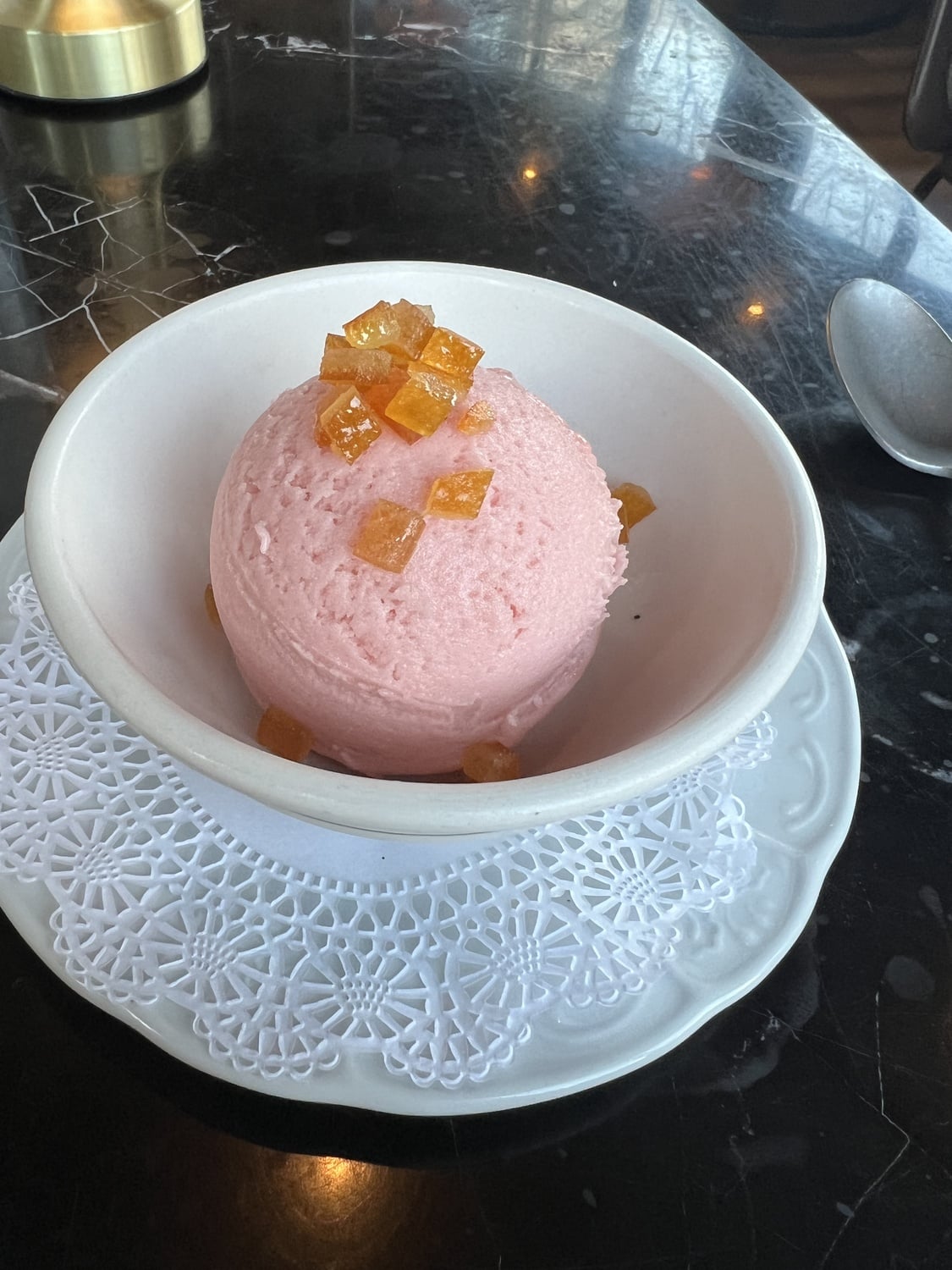 One of the flavor options is quite unique: elderflower. This base flavor, colored a beautiful pale purple, is topped with a cubed red-orange candied rhubarb.