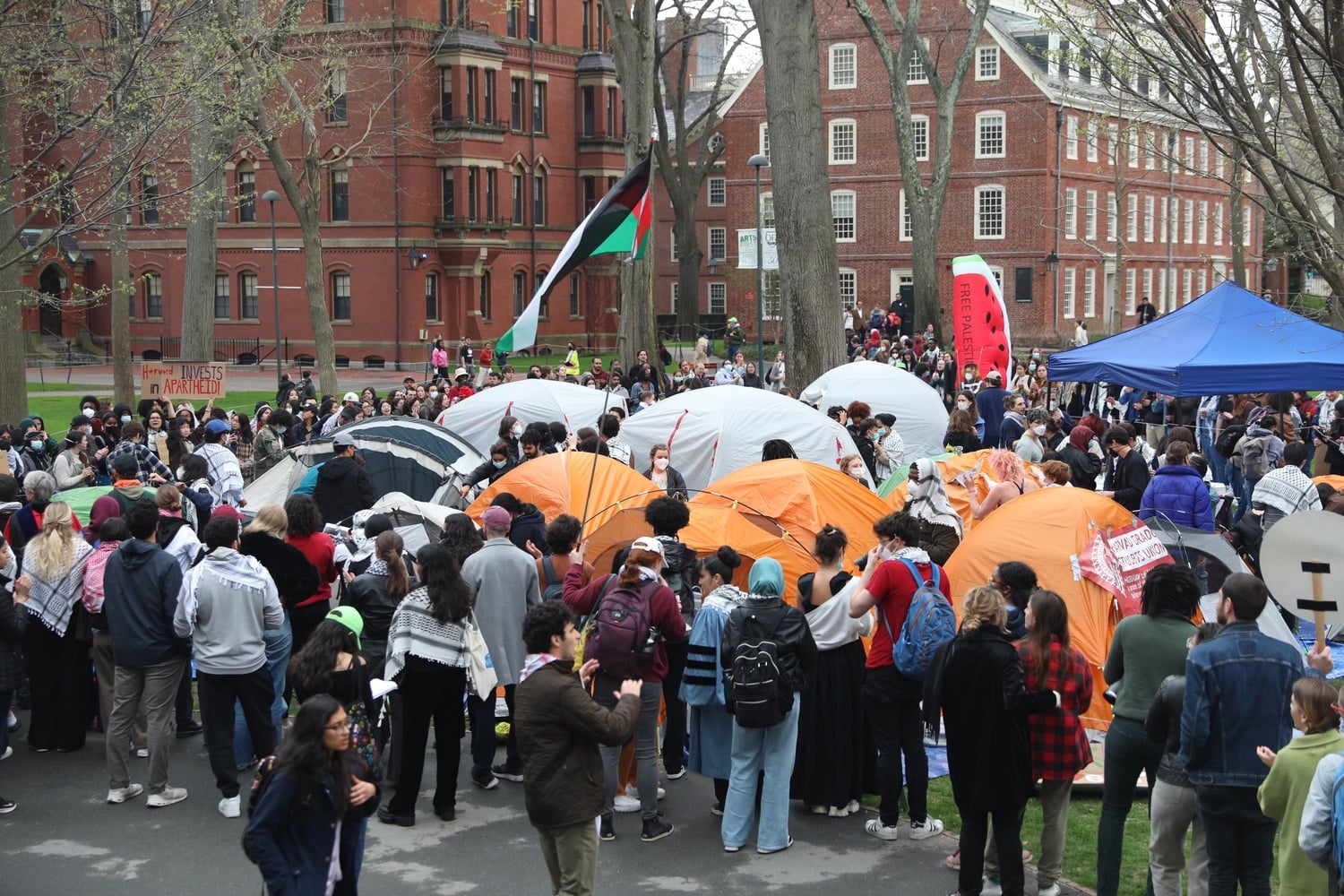 More than 500 students rallied in Harvard Yard as organizers set up an encampment in front of the John Harvard statue.