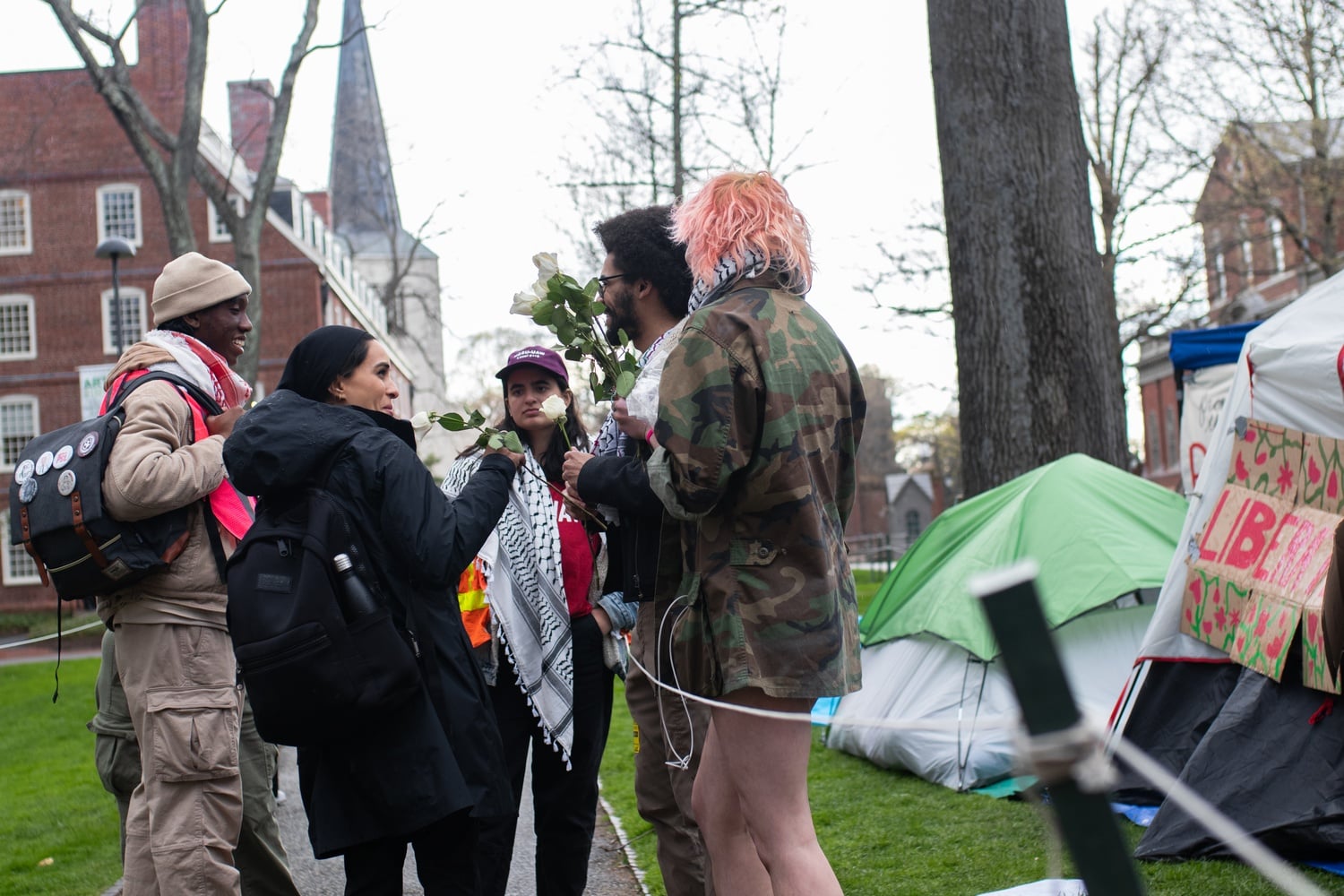 Pro-Palestine protester Syd D. Sanders '24 distributes donated white roses to fellow members of the encampment in Harvard Yard Wednesday evening.