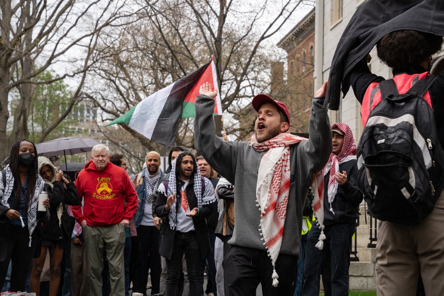 Students gathered in Harvard Yard Wednesday afternoon to protest the decision to suspend the Palestine Solidarity Committee.