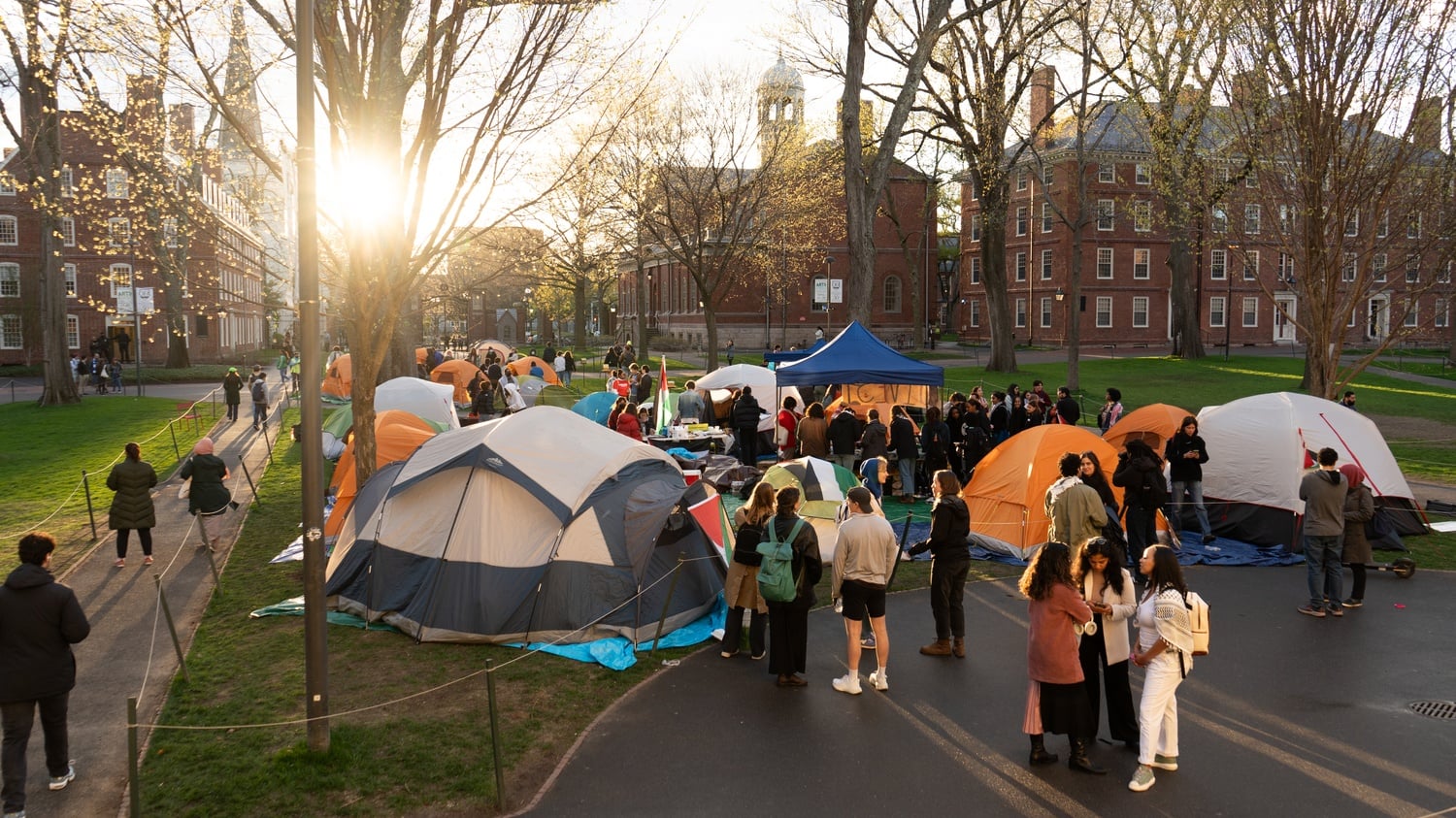 Pro-Palestine students occupied Harvard Yard in an encampment for 20 days during the spring. Above, the encampment is pictured on its first day, April 24.
