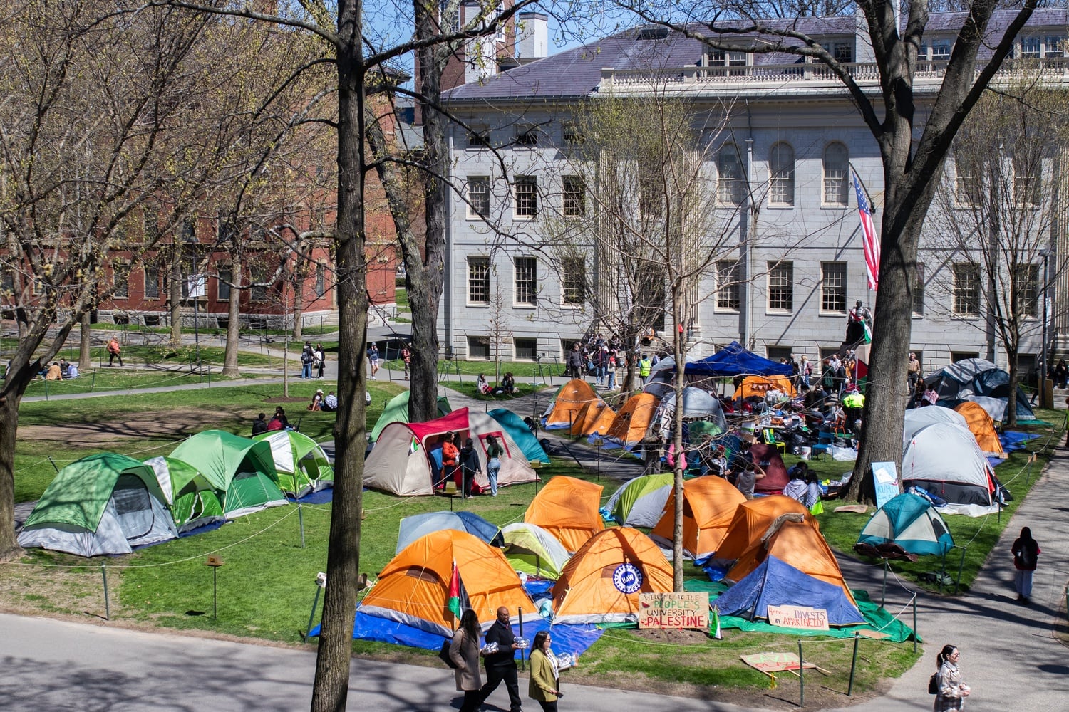 The Harvard Yard encampment expanded as it entered its second day. Despite the Palestine Solidarity Committee heavily promoting the demonstration on social media, the group insisted that they did not organize the encampment.