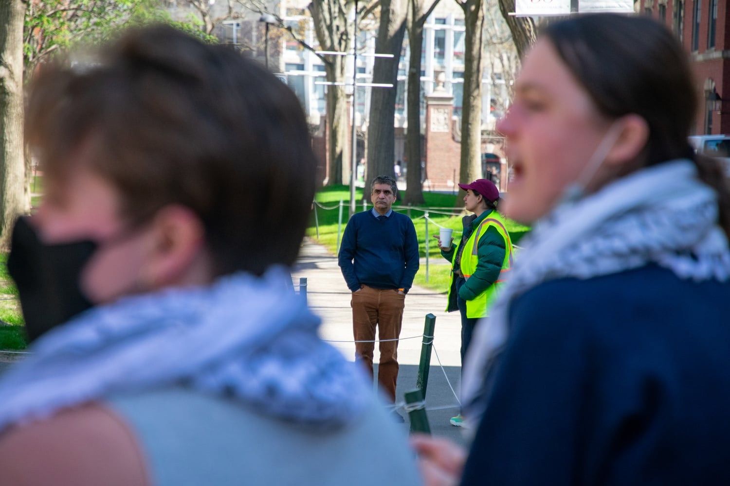 Khurana watches protesters at the spring 2024 Harvard Yard encampment.