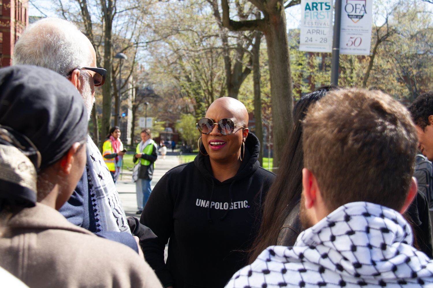 U.S. Rep Ayanna S. Pressley (D-Mass.) came to the pro-Palestine encampment in Harvard Yard, where she spoke with student activists.