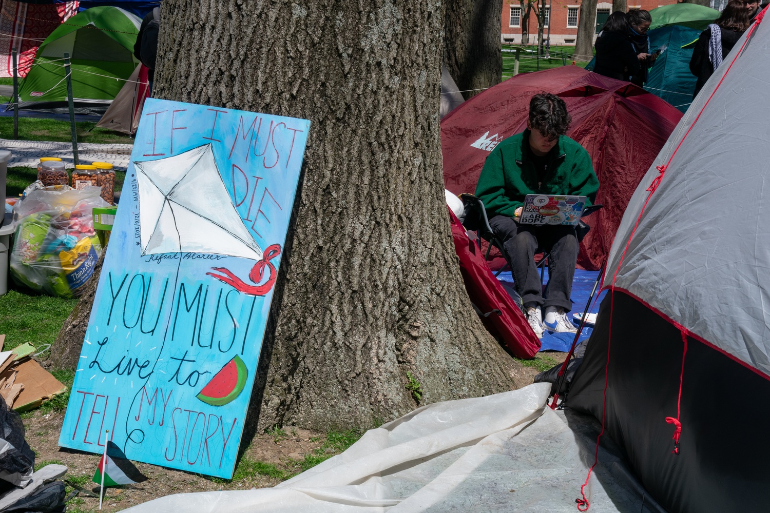 A student works on their laptop in the Harvard Yard encampment on Friday.
