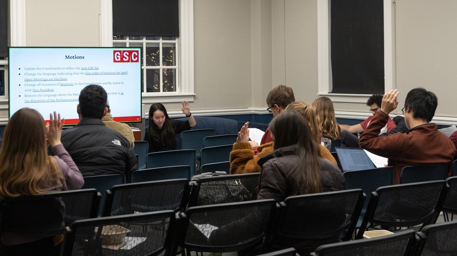 The Harvard Graduate Student Council meets in Lehman Hall in early April. The body held its final meeting on Wednesday.