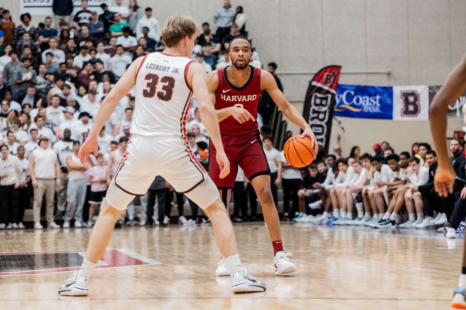 Junior guard Tyler Simon runs the point during the Crimson's loss to Brown on March 1st. Despite erasing a 17-point deficit to force overtime, the Crimson couldn't come away with a win.