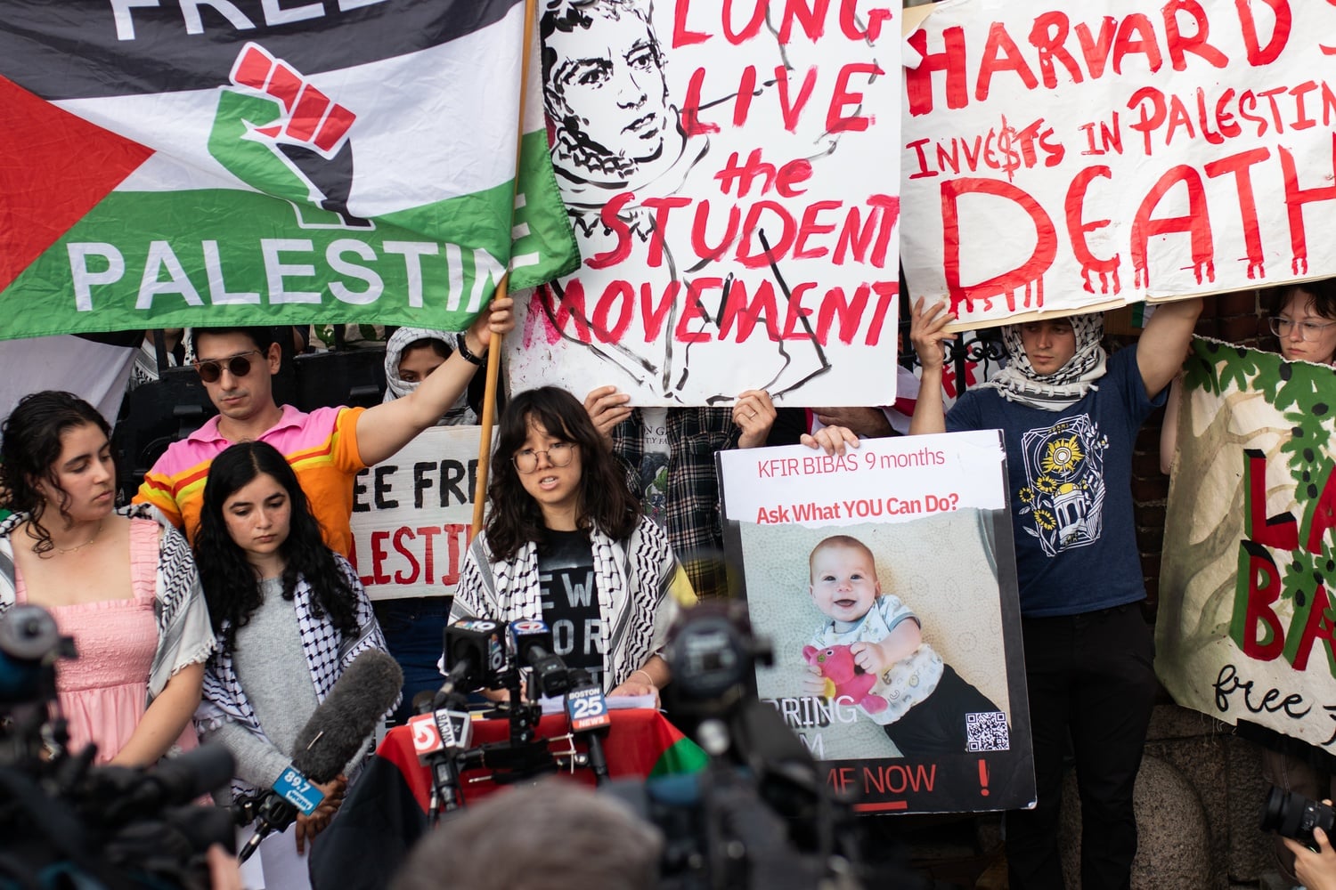Harvard Out of Occupied Palestine Coalition member Violet T. M. Barron '26 addresses the press in front of Johnston Gate on May 7, hours after interim Harvard President Alan M. Garber '76 announced that students would face involuntary leave for continuing to sustain the encampment.