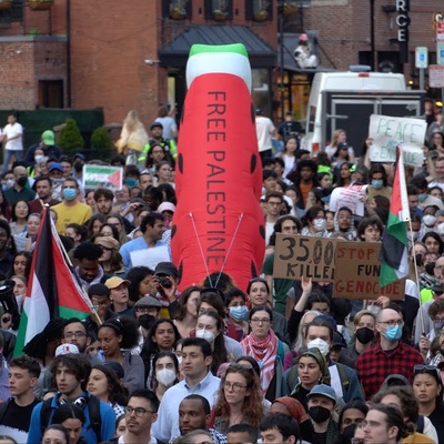 Cover image for Pro-Palestine Protesters March to Harvard President Garber's Residence