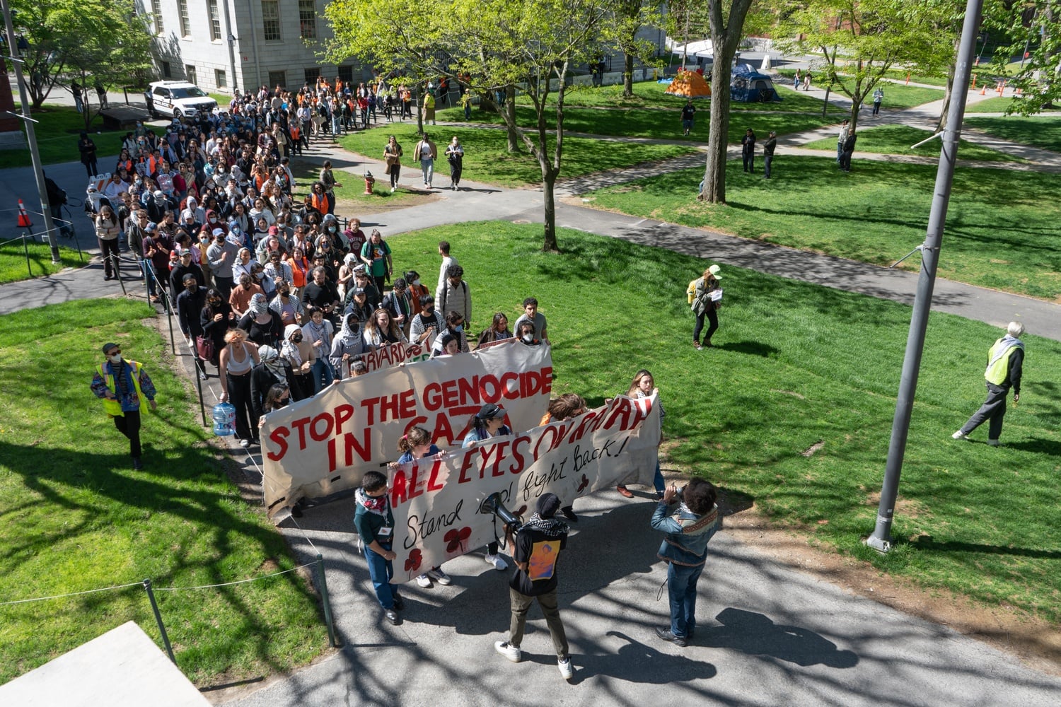In May, more than 200 people gathered in Harvard Yard to protest the University's disciplinary decisions for students who had participated in the Harvard Yard encampment.