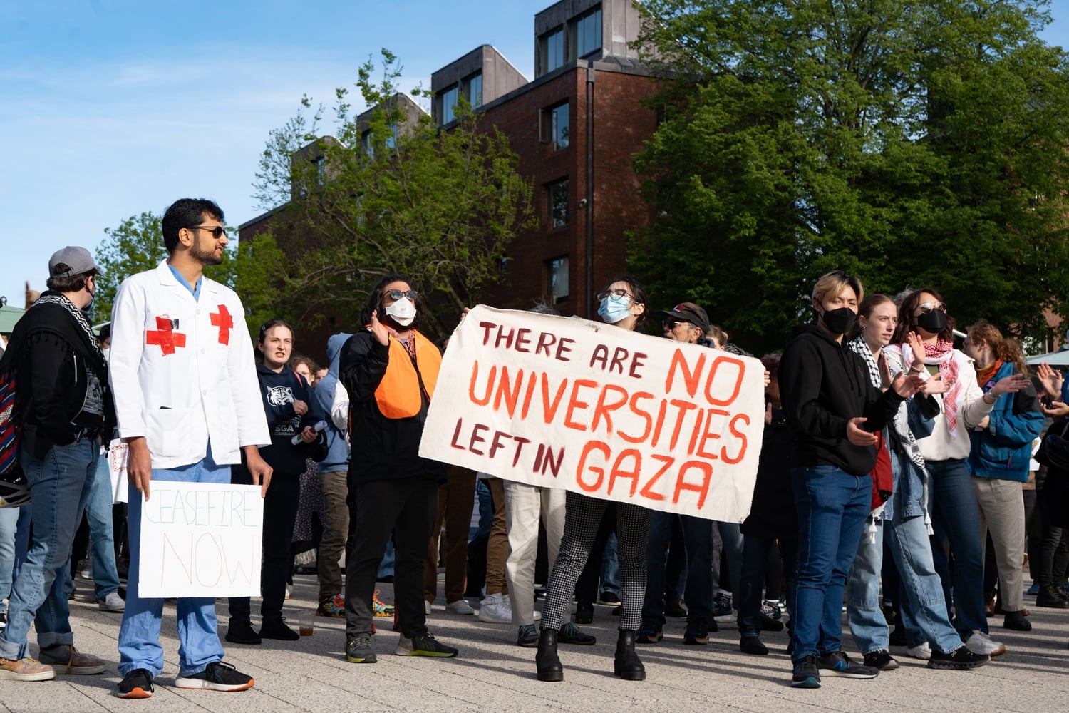 More than 200 pro-Palestine protesters rallied in the Science Center outside Harvard Yard to condemn the repression of student activism on college campuses.