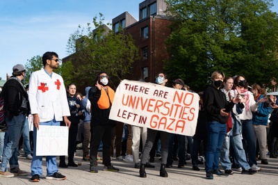 Cover image for 200 Pro-Palestine Protesters Rally For Rafah, Stage Sit-in on Peabody Street