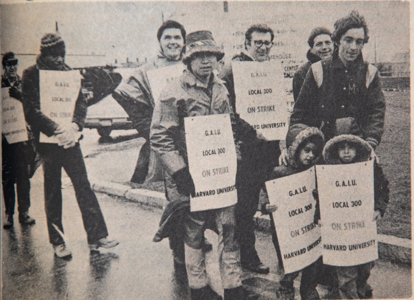 Harvard Printing Office employees picket the printing office on April 9, 1974 during the first day of a strike against Harvard by members of two labor organizations. The strike was called after negotiations between Harvard and the unions reached an impasse.