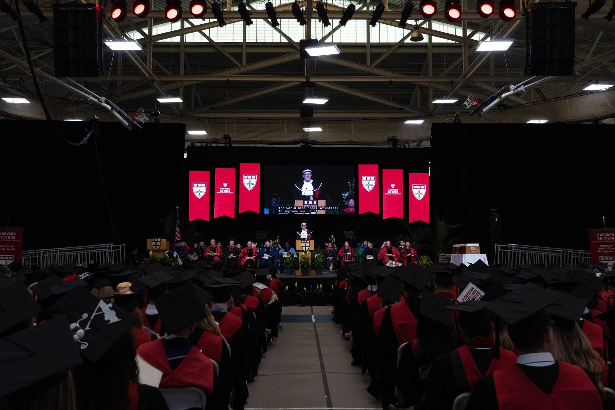 Harvard School of Public Health Dean Andrea A. Baccarelli speaks at the school’s 2024 Convocation.