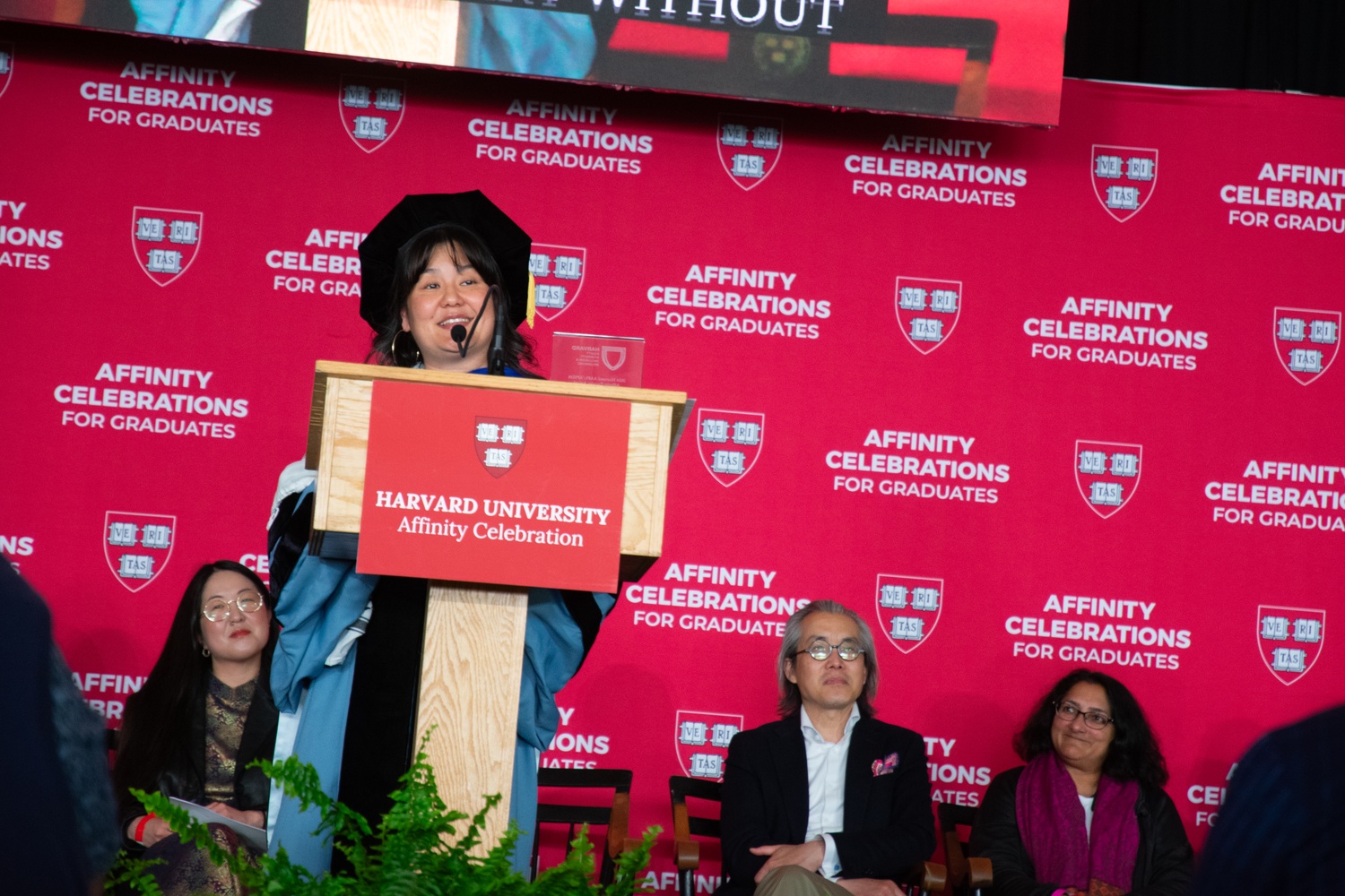 Harvard Graduate School of Education lecturer Christina S. Villarreal addresses the crowd at the affinity celebration for Asian-American, Pacific Islander, and Desi American graduates.