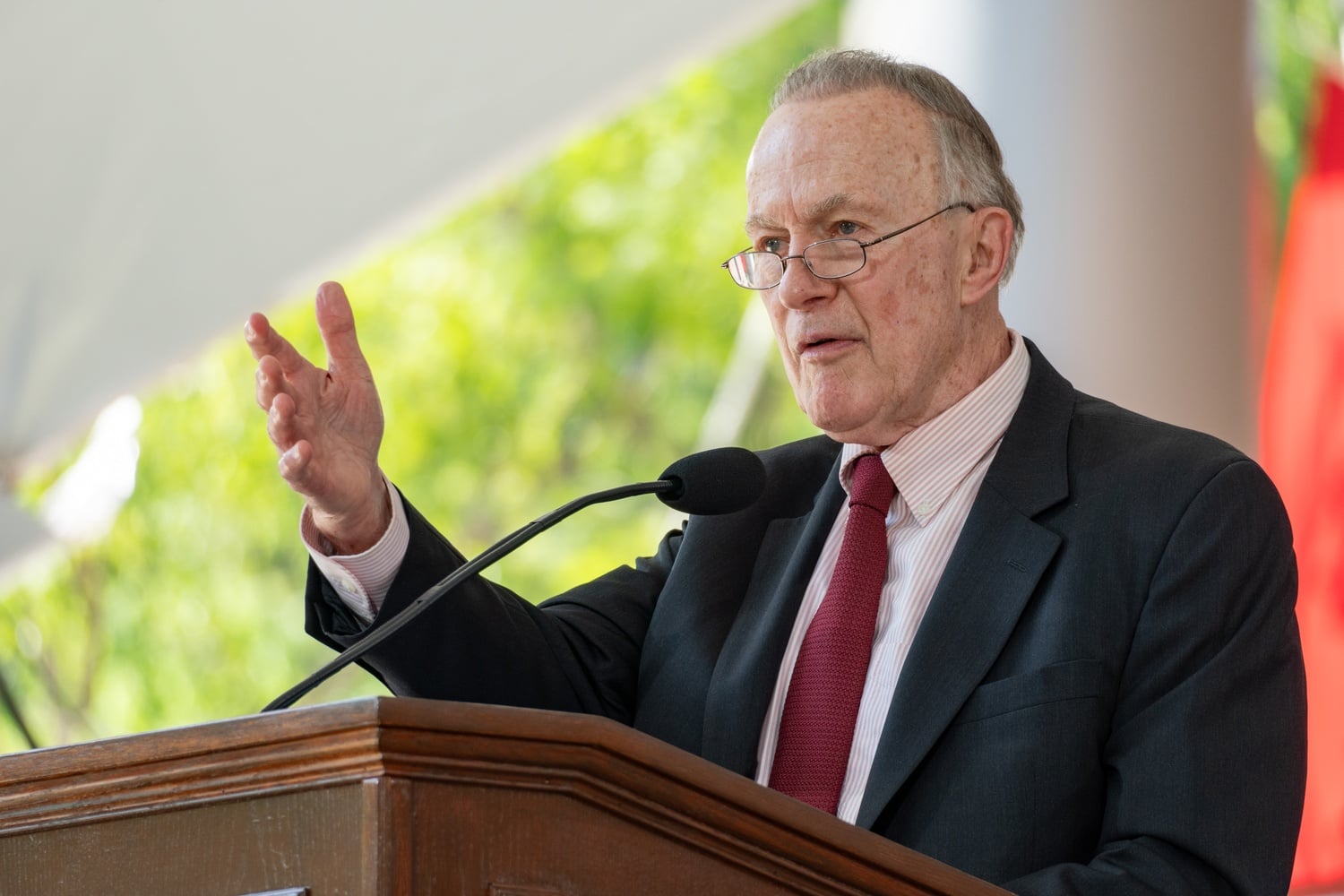 William R. Fitzsimmons, the Dean of Admissions and Financial Aid, pictured speaking in May at Class Day.