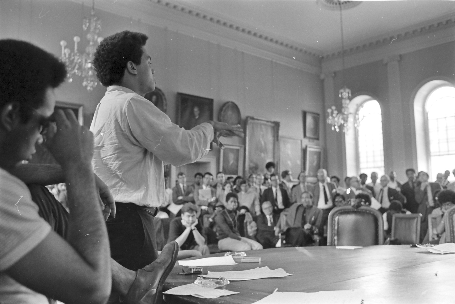 Wesley E. Profit ‘69 speaks at a meeting between AFRO members and Harvard faculty