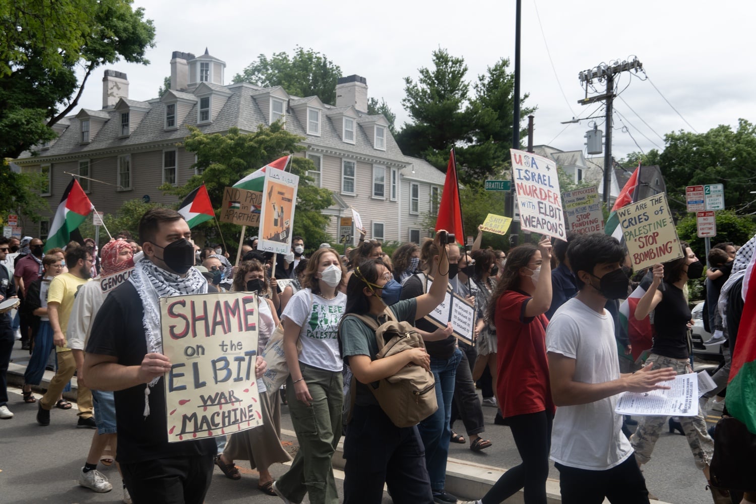 Around 100 pro-Palestine protesters marched to the home of Intercontinental Real Estate CEO Peter Palandjian '87 to voice opposition to the company's leasing agreement with a subsidiary of an Israel-based defense contractor.