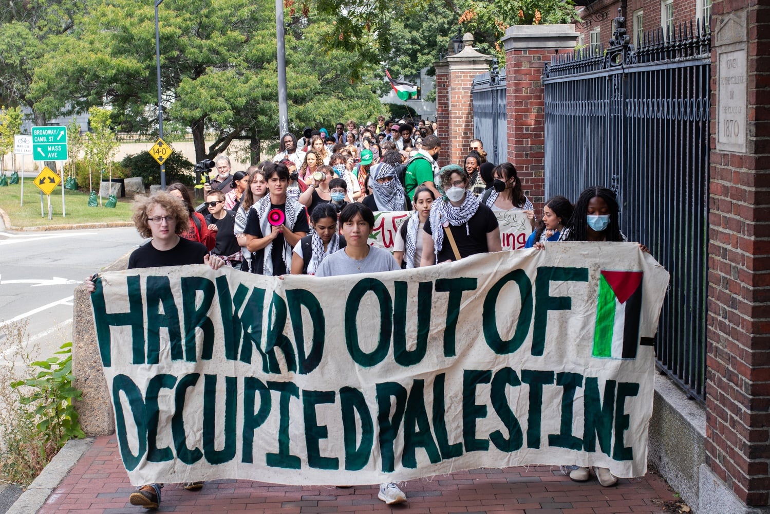 More than 80 people marched from the Science Center Plaza to the Smith Campus Center as Harvard Out of Occupied Palestine representatives met with University leadership to discuss Harvard's endowment.